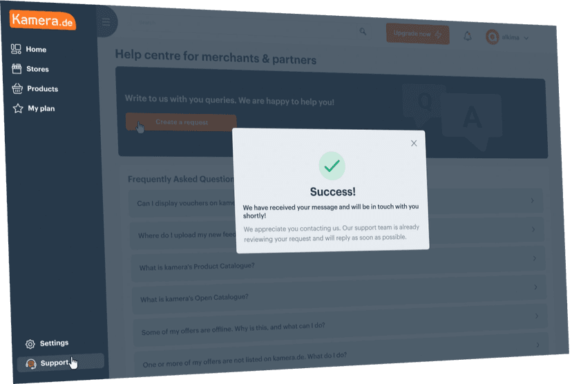 kamera.de Händler-Backend - Success Message