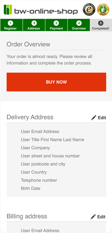 Mobiles Checkout-Interface im Webshop von bw-online-shop