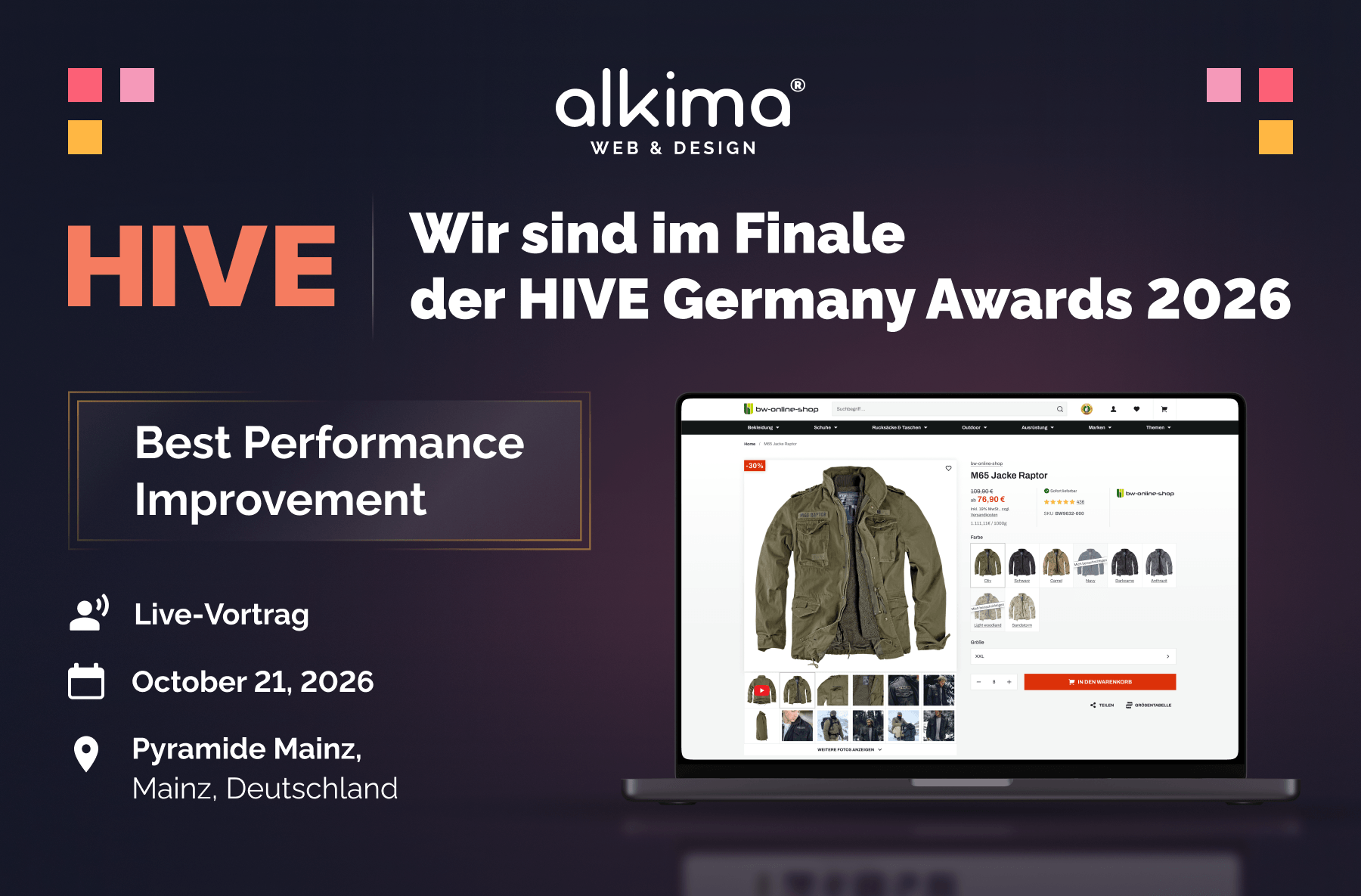 alkima WEB & DESIGN ® im Finale der HIVE Germany Awards 2026 für Best Performance Improvement. Live-Vortrag: 21. Oktober 2026, Pyramide Mainz