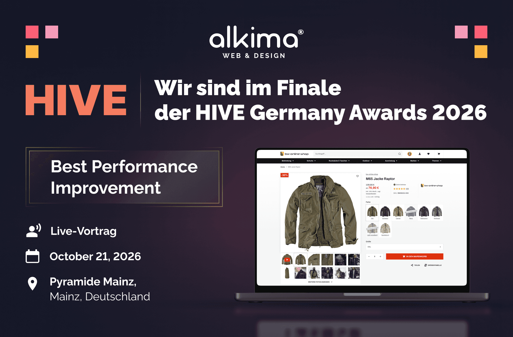alkima WEB & DESIGN ® im Finale der HIVE Germany Awards 2026 für Best Performance Improvement. Live-Vortrag: 21. Oktober 2026, Pyramide Mainz